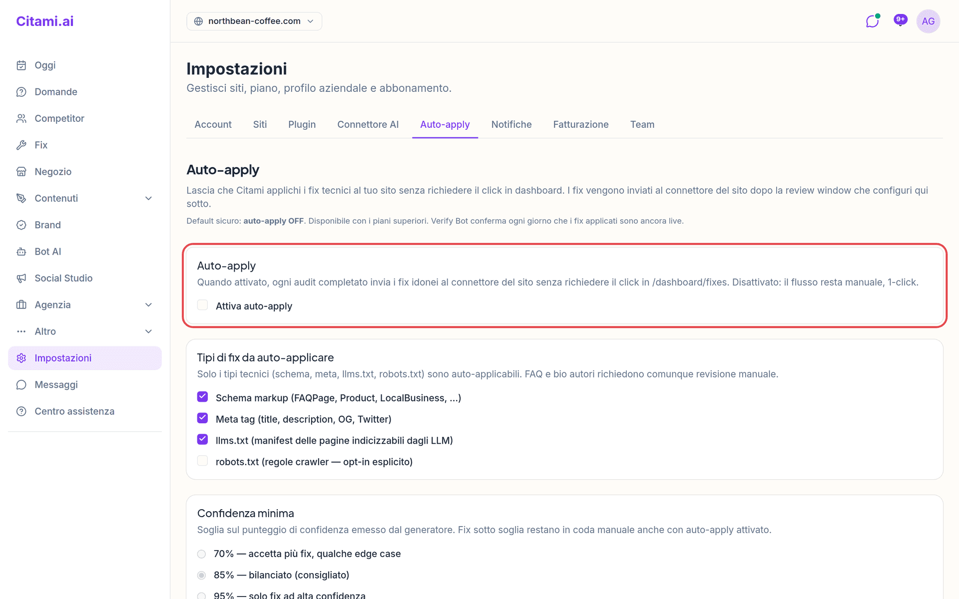 Impostazioni → Auto-apply: l'interruttore principale, i tipi di fix e la confidenza minima