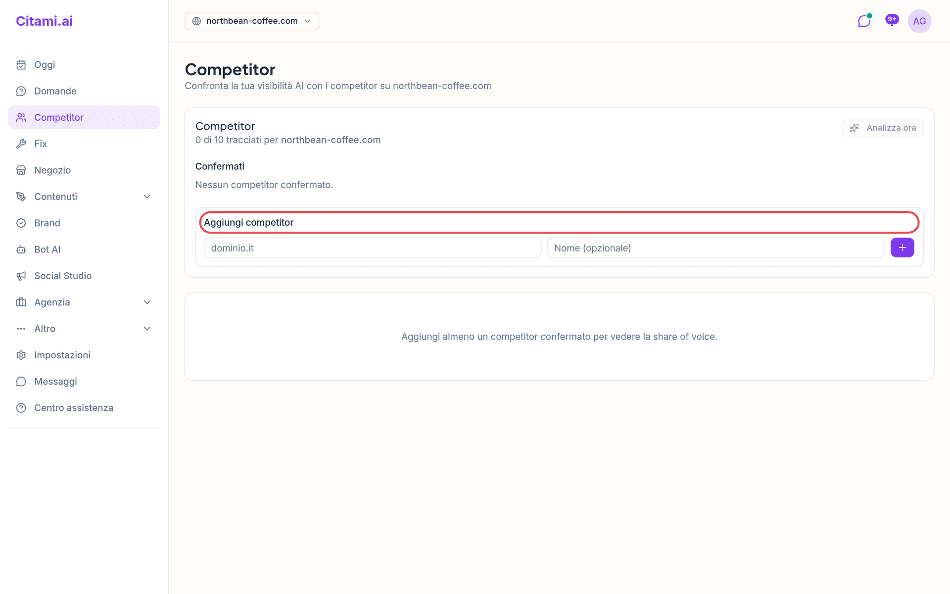 La pagina Competitor con il modulo Aggiungi competitor