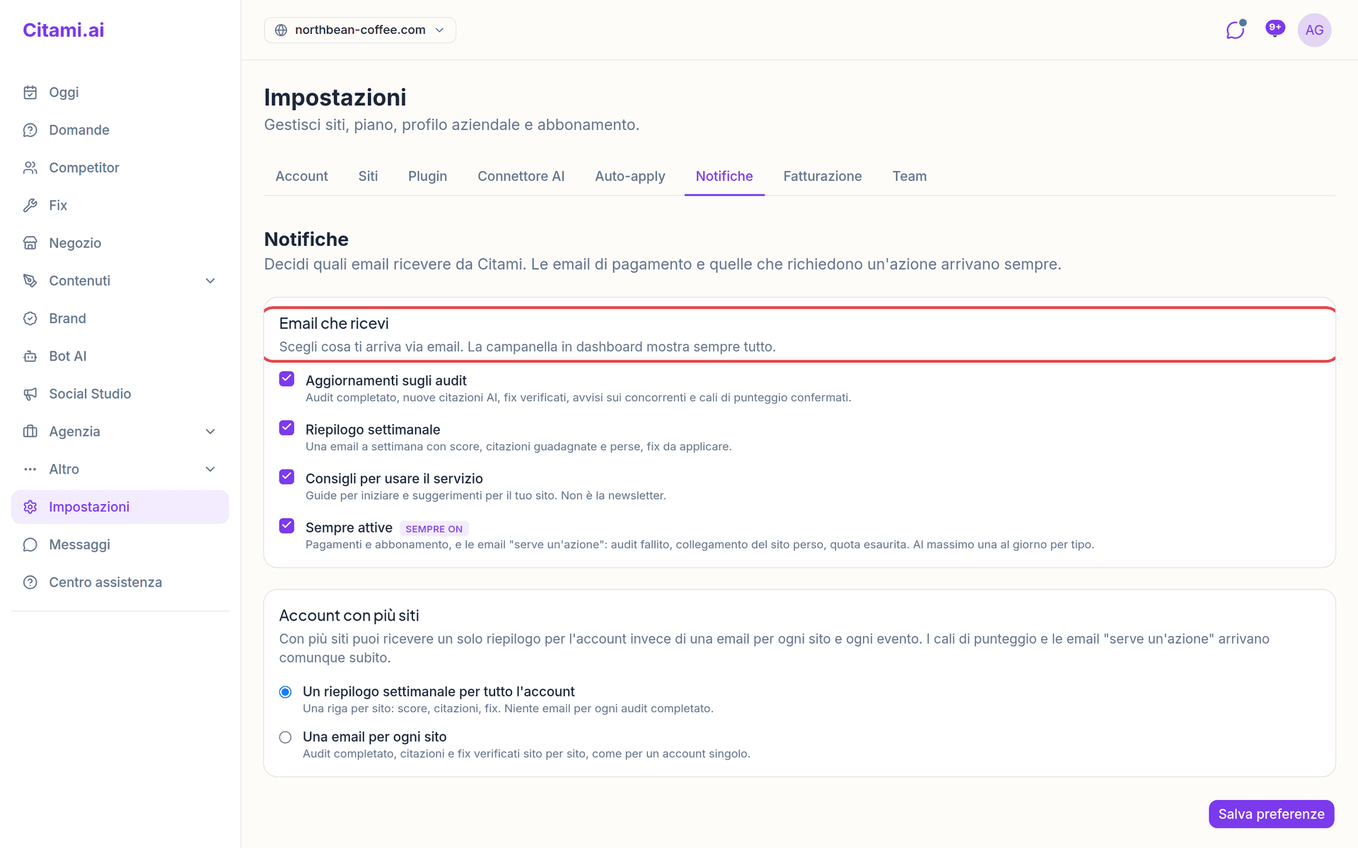 Impostazioni → Notifiche: le email che ricevi e la scelta per gli account con più siti