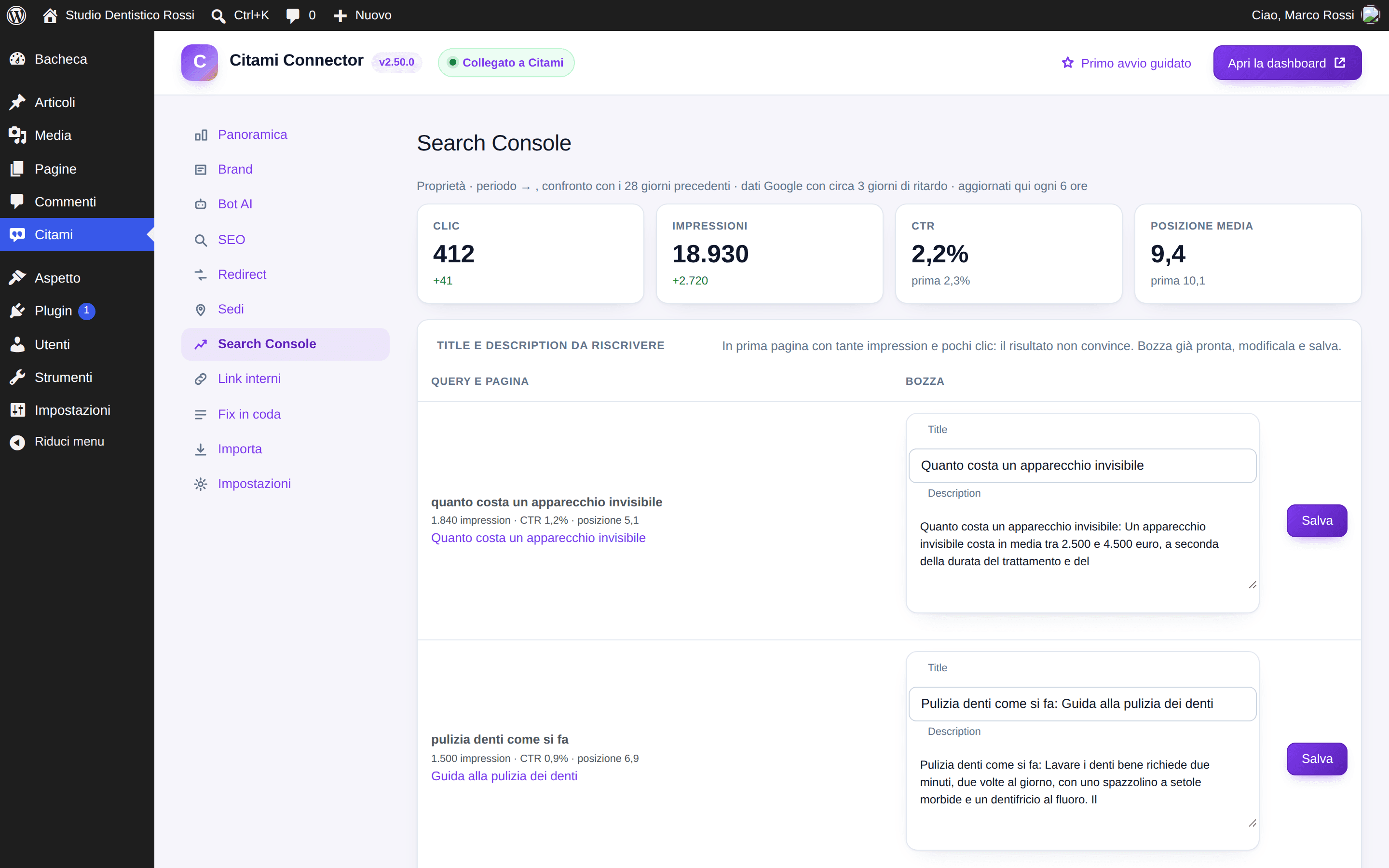 La scheda Search Console del plugin: KPI a 28 giorni e title e description da riscrivere