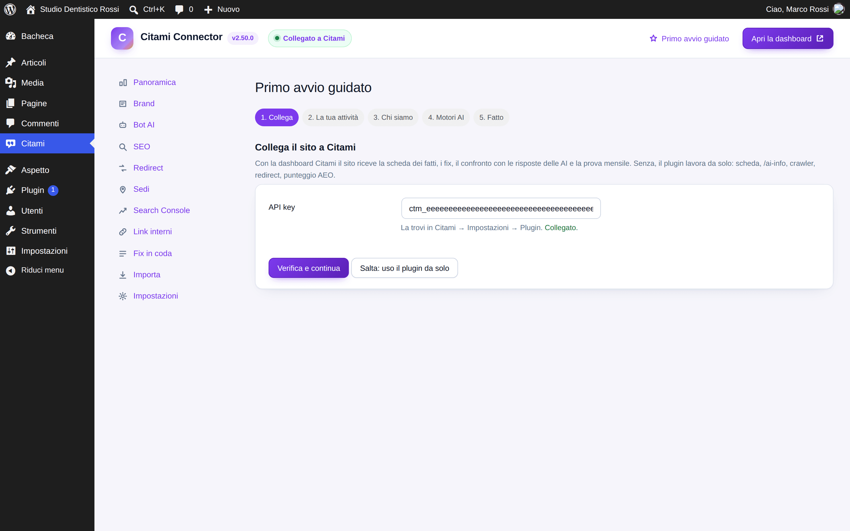 Il primo avvio guidato del plugin: il passo Collega con la API key