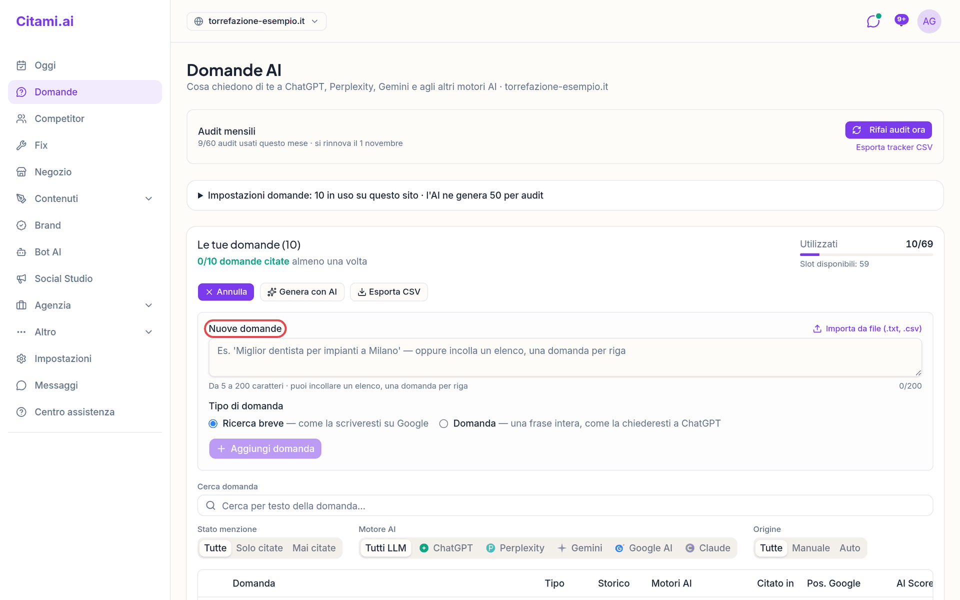 Il modulo Nuove domande nella pagina Domande
