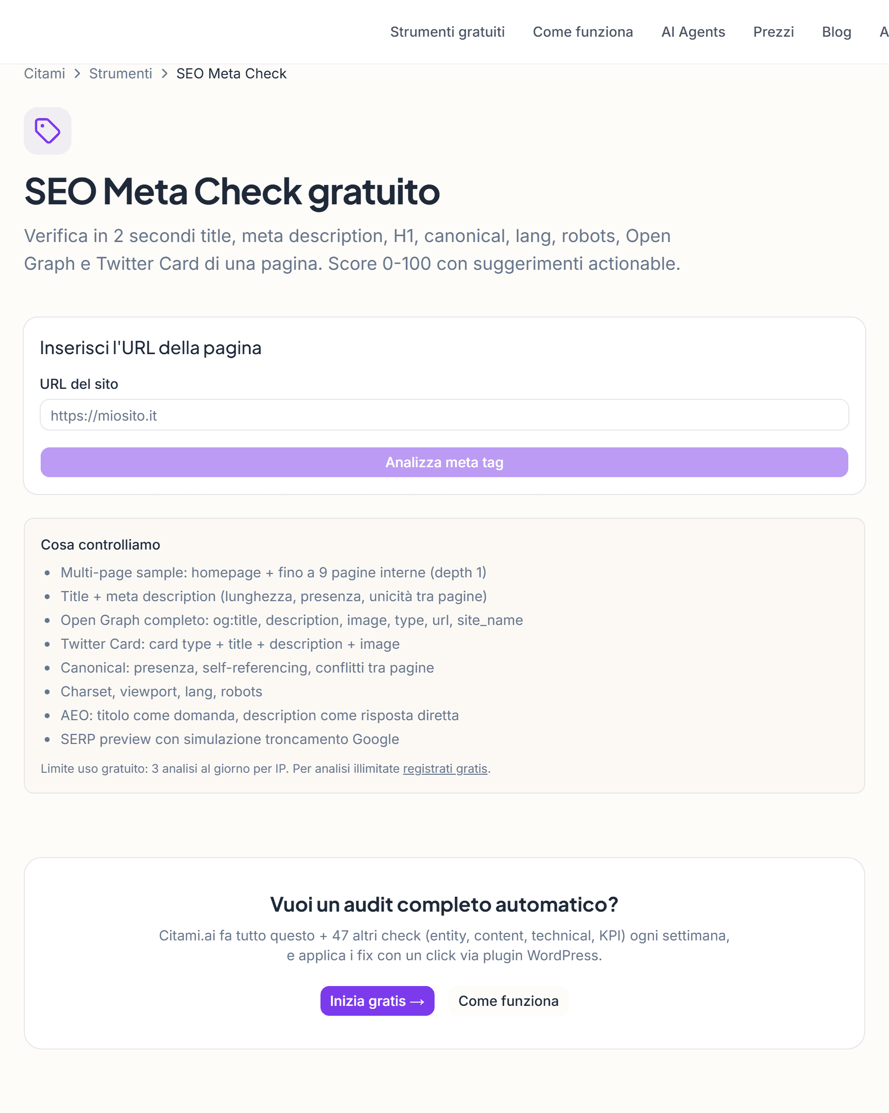 Lo strumento SEO Meta Check