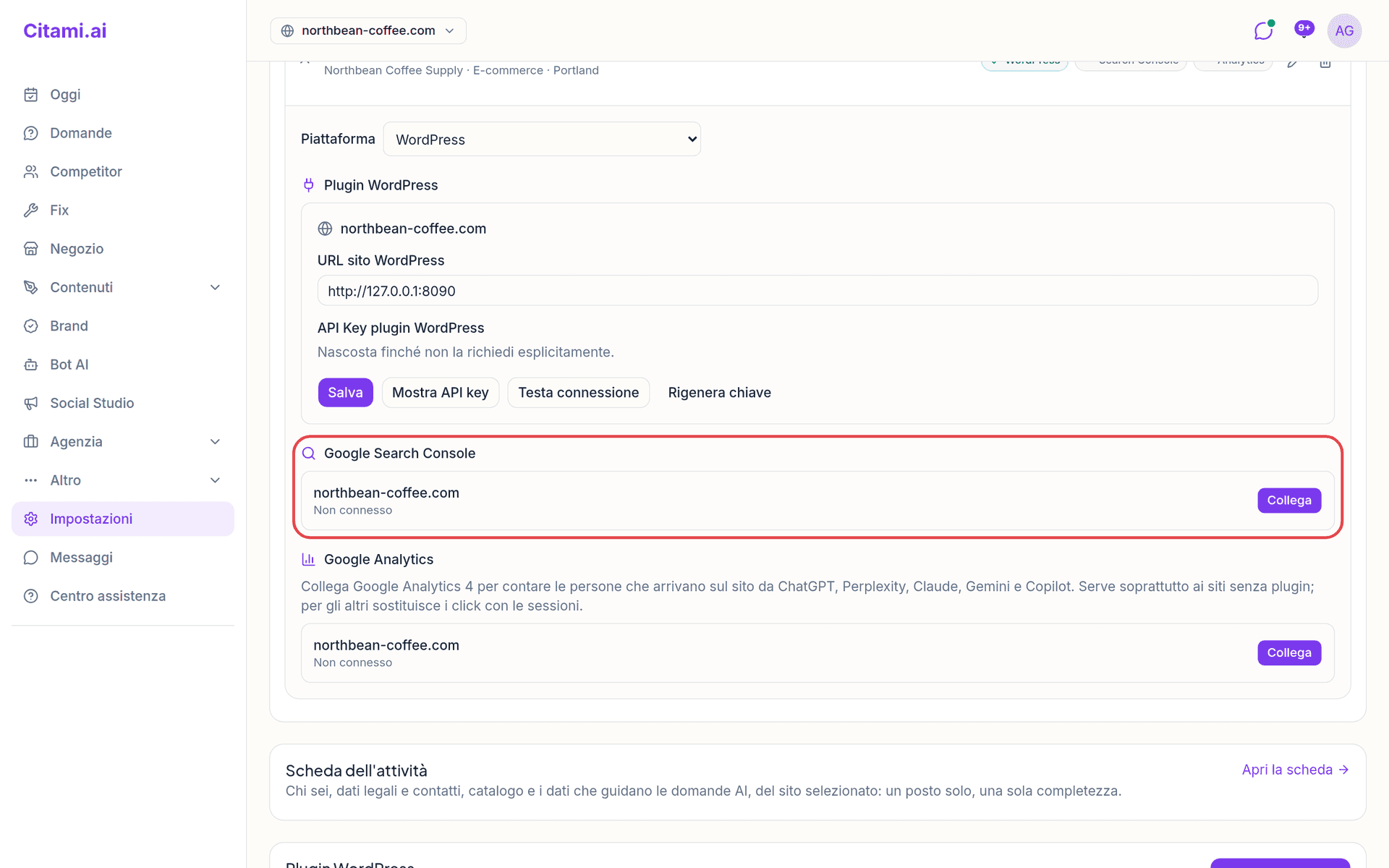 La riga del sito aperta con la sezione Google Search Console e il pulsante Collega