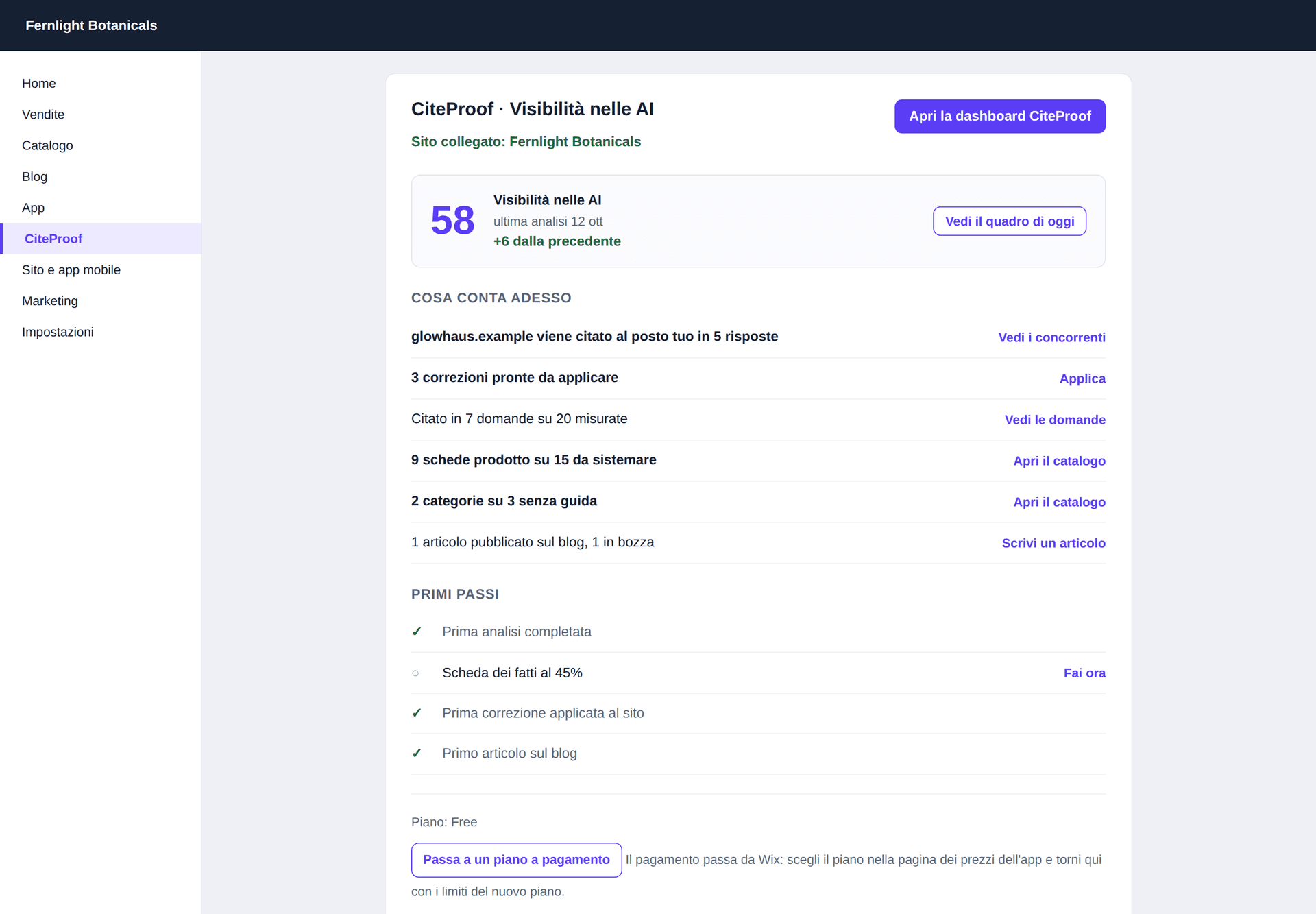 La pagina CiteProof nel pannello Wix