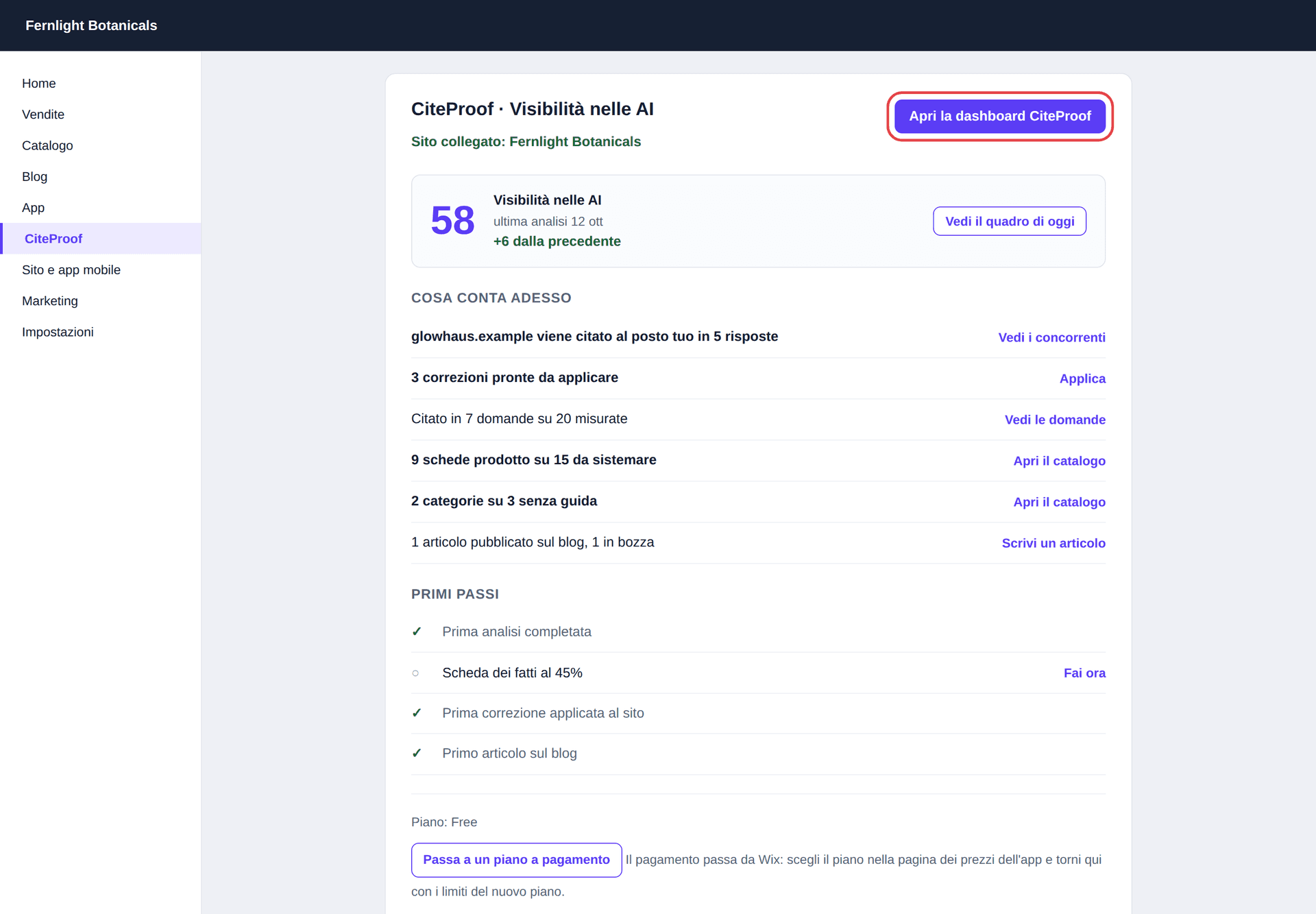 Il tasto Apri la dashboard CiteProof